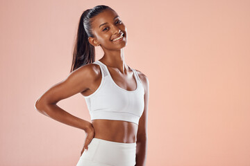 Fit, athletic and stylish female athlete in sportswear smiling and feeling happy, ready and excited...