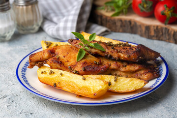 Turkish food; Baked chicken and potatoes (Turkish name; firinda tavuk patates)