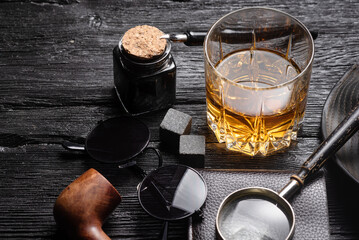 Whiskey in the drinking glass on the detective desk table background concept. Top view.