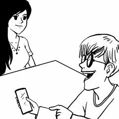 cartoon men and women playing smartphones