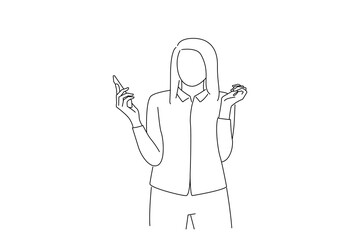 Cartoon of beautiful female looks in displeasure at cell phone. Line art style