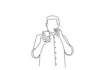 Drawing of business man looking at smartphone display with scared face, shocked and surprised. Outline drawing style art