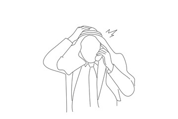 Cartoon of arab businessman extremely tired while receiving phone. Oneline art drawing style