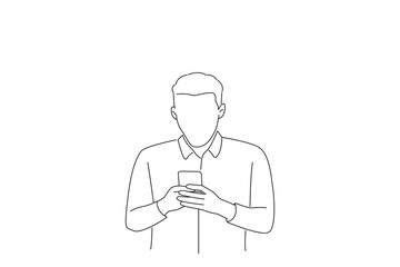 Cartoon of businessman expressing amazement while using cellphone and shocked. Line art style