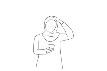Illustration of stressed or worried young arab woman with hand over head reading frustrating news. Line art style