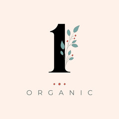 Number One 1 Logo Organic with leaves. Vector design for banner, presentation, web page, card, labels or posters.
