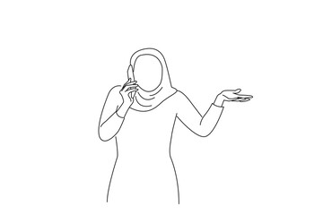 Cartoon of surprised young Asian woman talking on mobile phone with open mouth. Oneline art drawing style