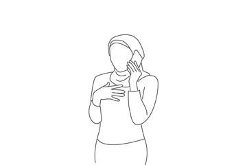 Illustration of shocked young Asian woman talking on mobile phone and put hands chest. One line art