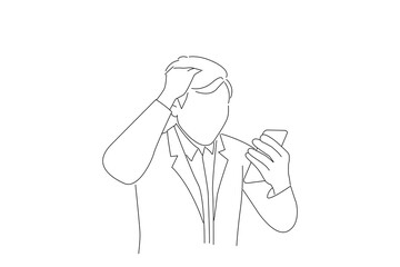 Cartoon of shocked and scary businessman get yelled from smartphone. Outline drawing style art