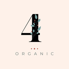 Number four 4 Logo Organic with leaves. Vector design for banner, presentation, web page, card, labels or posters.
