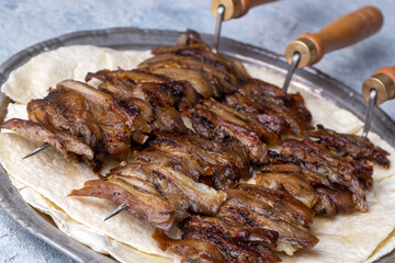 Traditional delicious Turkish food; Oltu cag kebabi, doner grilled kebab from Erzurum cuisine