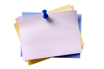 Several sticky post it note different colors white on top with pushpin isolated transparent...