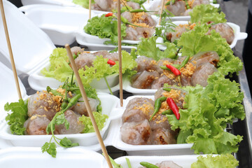 Pork Sago Thai traditional food in the foam box ready to sell on the market.