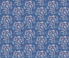 手描きのスズラン柄　シームレスパターン／背景（紺）illust386_H02