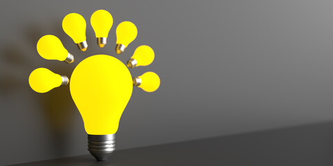 Idea and creativity concept: Realistic light bulb icon for creative analytical thinking. Teamwork processing brainstorming. Ideas symbol illustration. 3D render grey background, copy space, side view