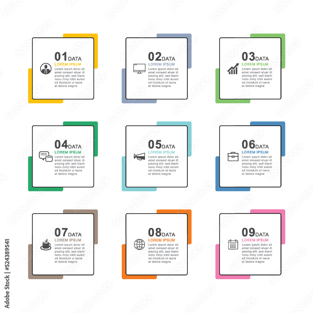 Wall mural 9 data infographics square index template. vector illustration abstract background.