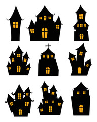 Halloween black castle isolated on white background. Haunted house cartoon silhouette.