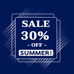 Vector illustration. Seasonal discounts. Sale 30% off summer, Blue background with white letters and square frame.