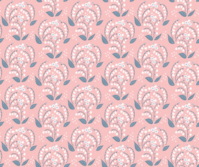 手描きのスズラン柄　シームレスパターン／背景（ピンク）