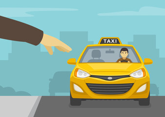 Character trying to catch a taxi on the street. Close-up arm stops cab on road. Flat vector illustration template. © flatvectors