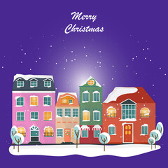Winter night city. Christmas background with houses, cozy town in a flat style with lettering merry Christmas.