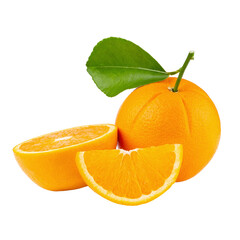 Orang slice and Orange fruit with orange leave isolate on alpha background