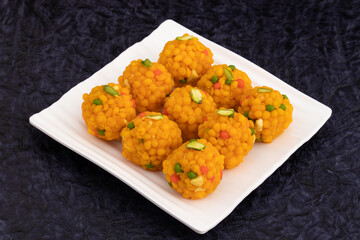 Jodhpuri Bundi Laddu Also Called Tiranga Boondi Ladoo Mithai Is Made Of Besan Sooji Suji Desi Ghee Is Enjoyed On Deepawali, Dussehra, Rakshabandhan, Rakhi, Vinayaka Ganesh Chaturthi and Janmasthami