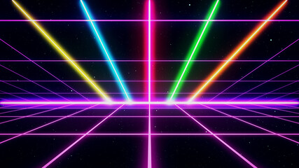 Retro style 80s video game background. Futuristic Grid landscape of the 80s. Digital Cyber Surface. Suitable for design in the style of the 1980s. 3D illustration