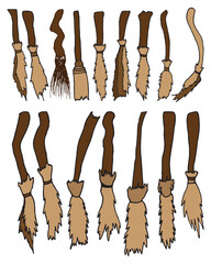 Vector Set of  Witch broom Stick Clip art collection isolated on white background. Halloween Elements Set of different witch brooms sticks.