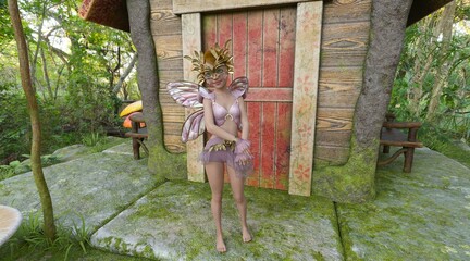 Forest fairy and her house 3d illustration