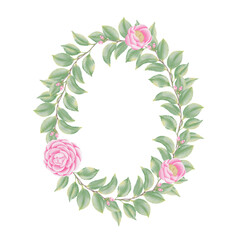 Pink flowers watercolor camellia illustration. pink camellia wreath.