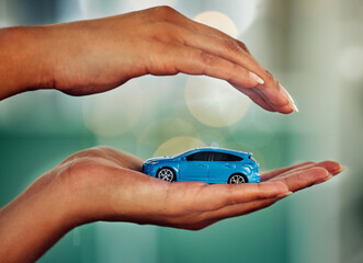 . Car, insurance and hands for transport mockup, investment or loan with bokeh background. Invest,...