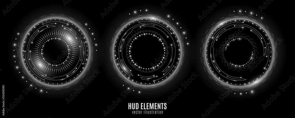 Poster set of glowing white hud rounds for technology design. futuristic objects with light effect. virtual