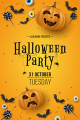 Halloween party poster with lettering. 3D emotional cartoon smiling pumpkins with eyes, candy, bats on yellow background. Festive flyer design. Invitation greeting card. Vector