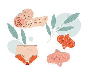 Feminine hygiene. Menstrual pants and reusable cloth pads is hygiene items for protection woman during menstrual cycle, zero waste, cartoon vector illustration in boho style.