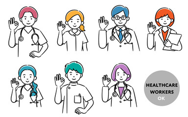 Simple illustration set of medical workers doing OK pose