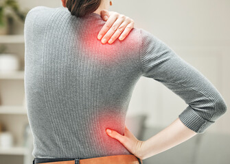 Shoulder, hip and back pain of a woman touching and holding a painful area on her body in red....