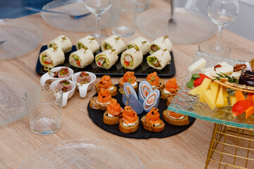 Catering service. Restaurant table with food at event. Shallow depth of view