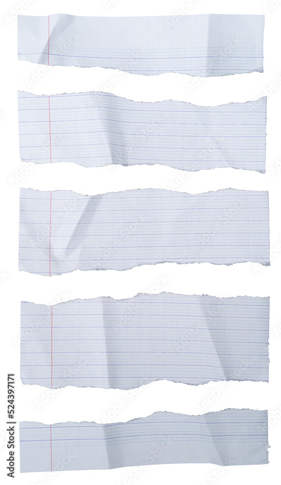 Poster white ripped paper strips collection. lined paper scraps with torn edges. sticky notes, shreds of no