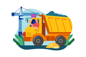 Naklejka premium Truck driver rising hand while sitting in construction truck