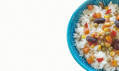 bowl of rice with legumes on white background