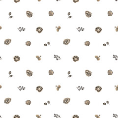 Floral seamless pattern with cones and acorns, watercolor illustration isolated on white background in minimalism style for autumn print, Christmas, New Year textile or wrapping paper for gifts.