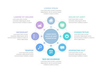 Circle diagram template with eight steps or options, process infographics