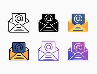 Email icon set with different styles. Style line, outline, flat, glyph, color, gradient. Can be used for digital product, presentation, print design and more.