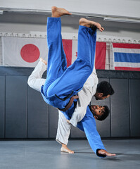 Health, fitness and motivation, men in karate fight for a winner in a dojo. Martial arts, a learning exercise to overcome, fight failure and beat the competition. Sports students in a battle to win. © Delcio F/peopleimages.com