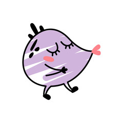 Funny cartoon purple monster kissing. A fictional character for children. Cute alien icon in doodle style. A mascot for the brand in love. A cool print for children's products.