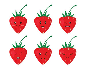 Set of sweet strawberry icons with kawaii eyes isolated on white background. Food vector design illustration