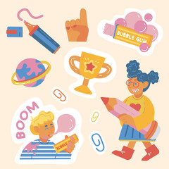 school themed sticker set girl with pencil marker chewing gum planet