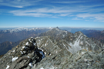 the panorama from summit of Mt.Okuhotaka / 初冠雪した槍穂高縦走路（奥穂高岳山頂より）