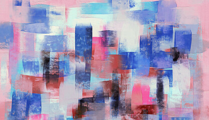 Modern abstract oil painting on canvas. Pink and blue acrylic art, artistic texture. Brush smears grungy background, bright pattern